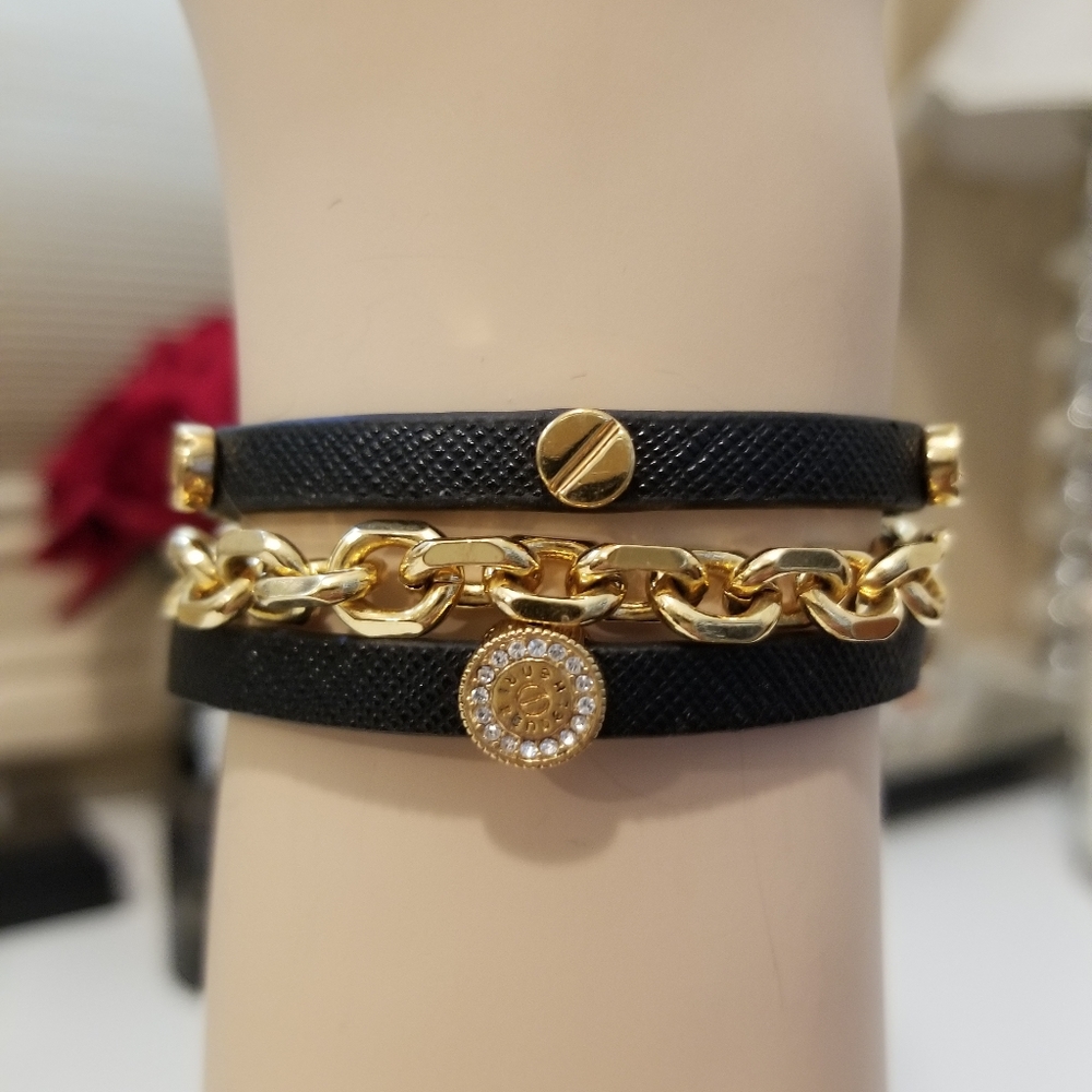 Henri Bendel black leather and gold wrap bracelet